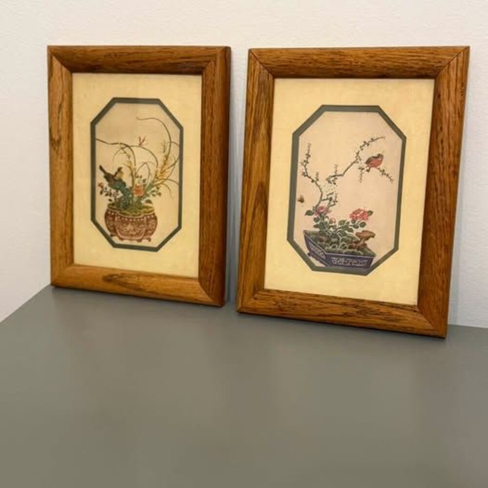 Pair of Framed Asian Floral Bird Prints in Oak Frames